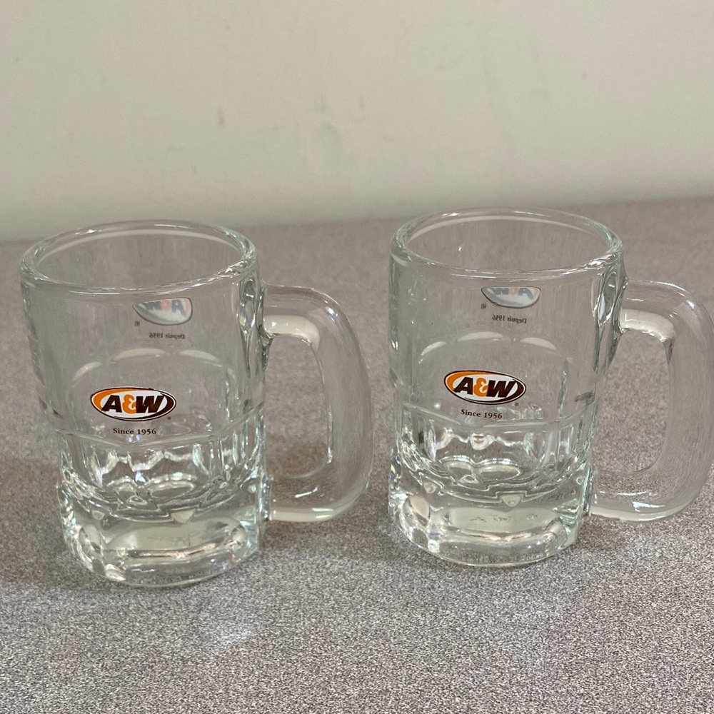 Vintage Clear Mini Glass Mugs with A&W Logo - Set of 2